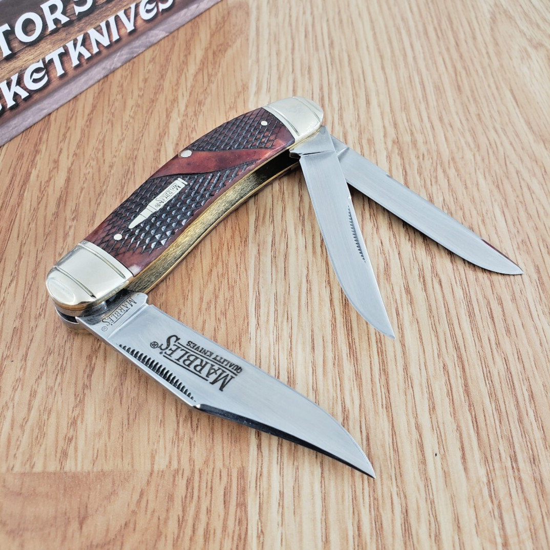 Marbles Sowbelly Whittler Pocket Knife Stainless Steel Blades Brown Bone Handle