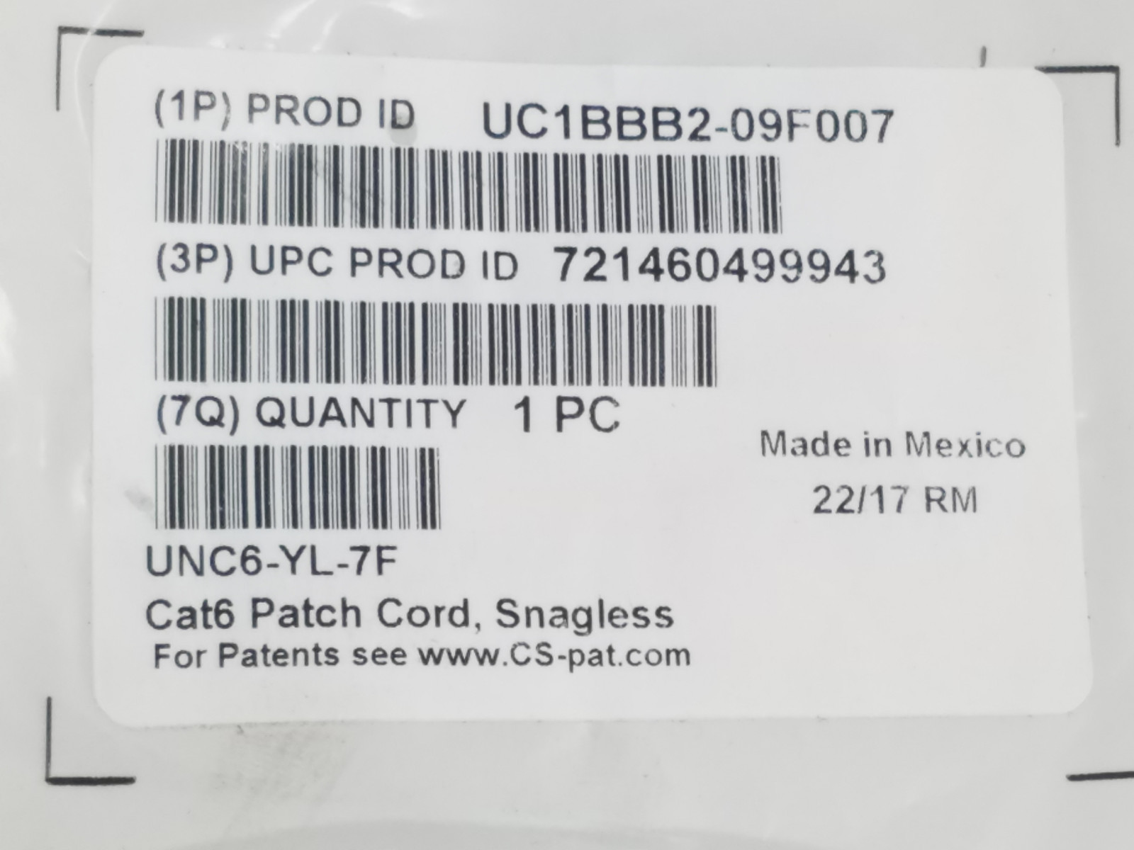New Commscope Cat6 Patch Cord Snaglass UC1BBB2-09F007, UNC6-YL-7F