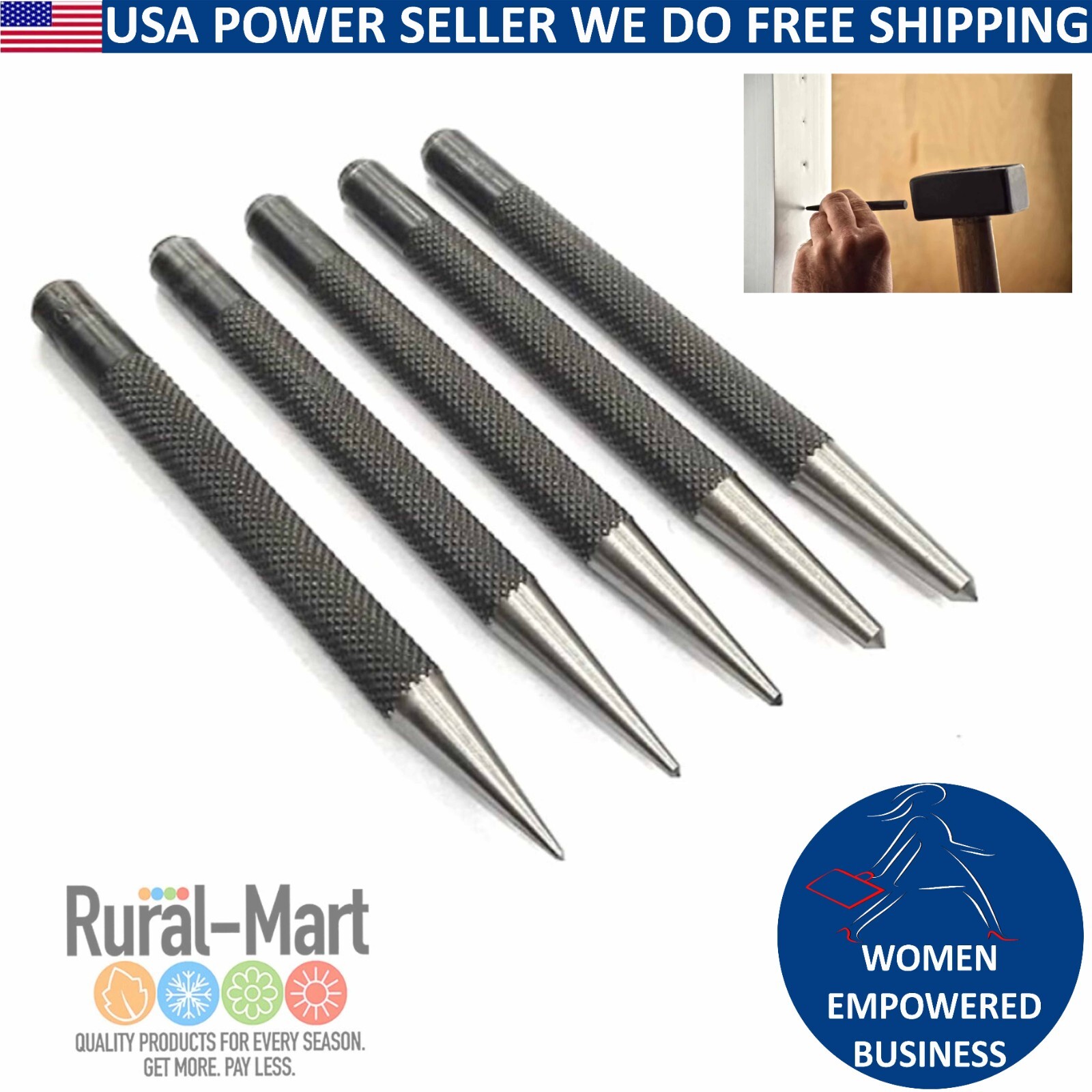 5PacK Carbon Steel Center Punch Set Sizes 1/16" 1/8" 5/32" 3/16"