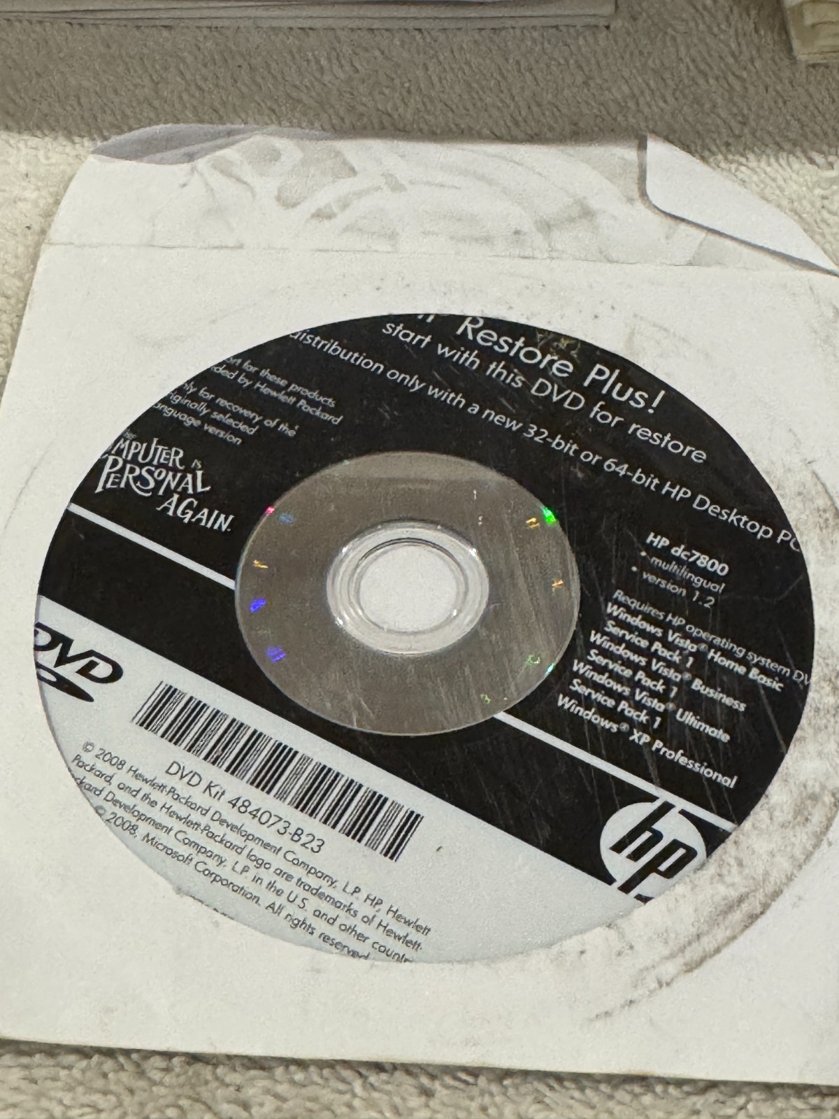 HP Restore Plus! HP dc7800 - CD ONLY IN VERY GOOD CONDITION!!!