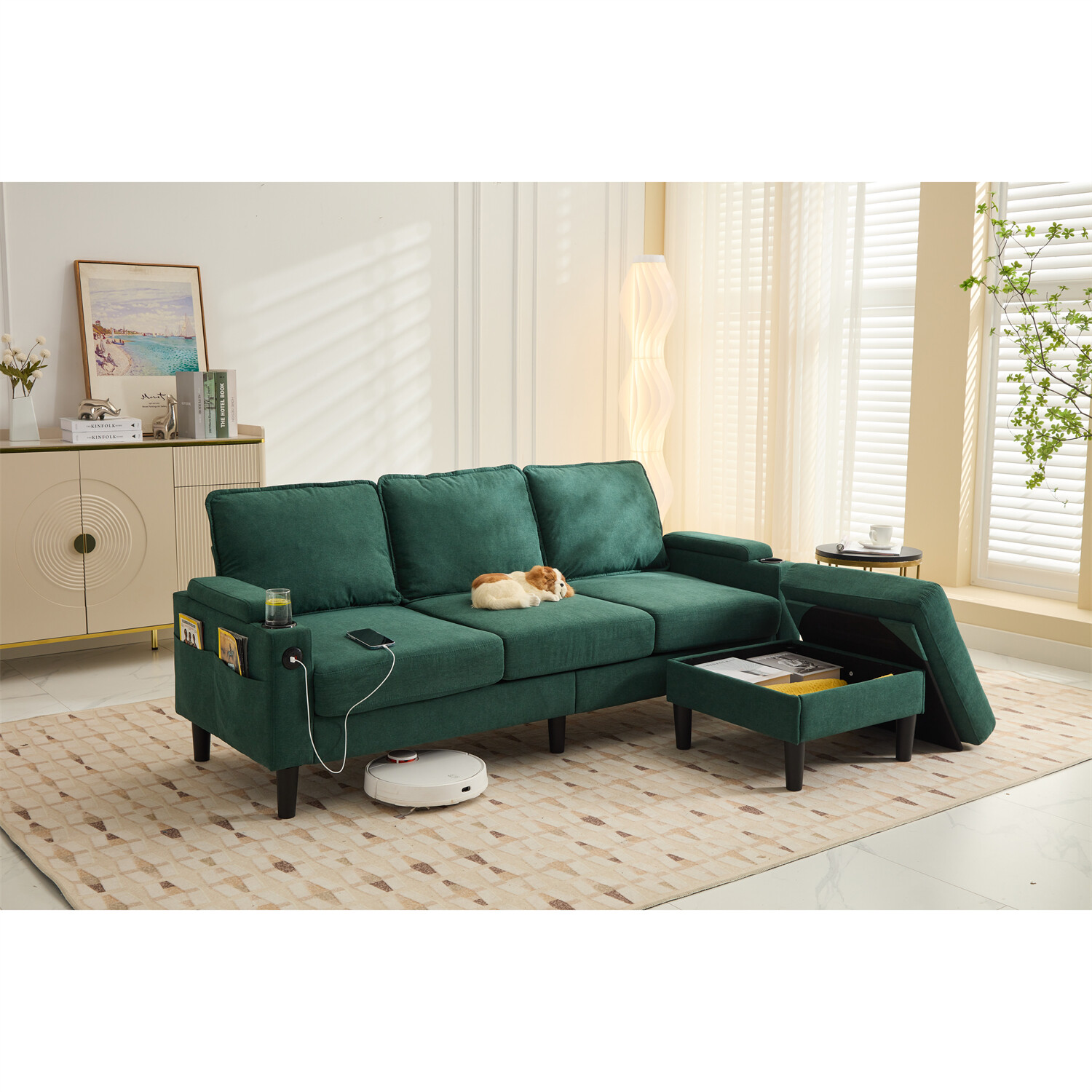 L Shaped Sectional Sofa Couch 3 Seater Sofa w/ Storage Ottoman Living Room Sofa