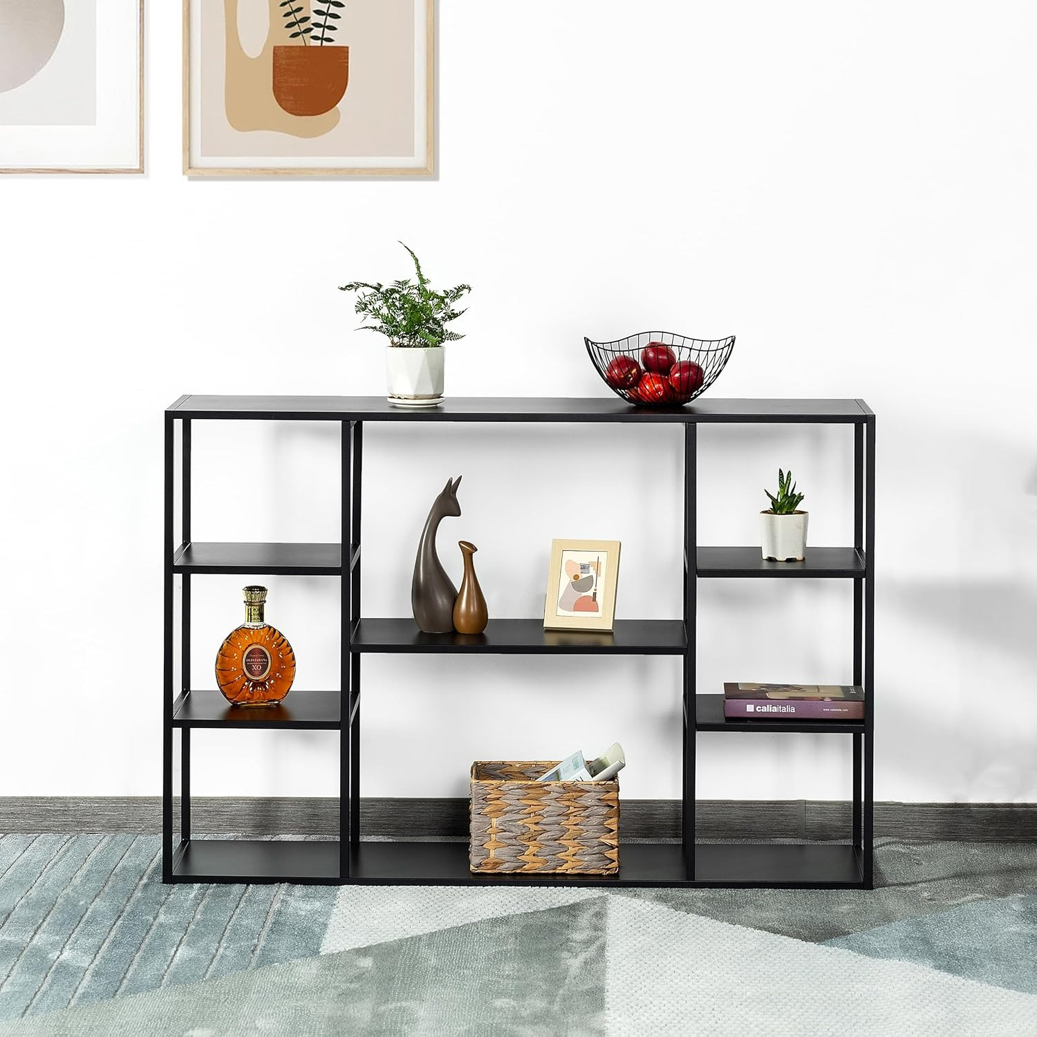 47" Black Metal Console Table with 8 Storage Shelves for Entryway & Living Room