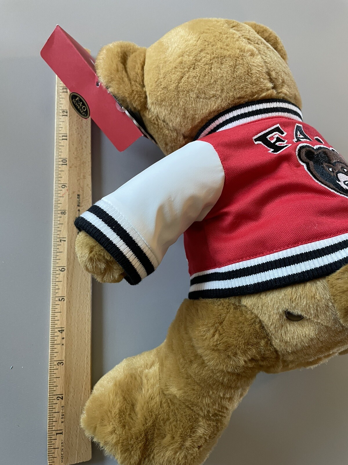 FAO Schwarz Honey Brown Teddy Bear Lettermans Jacket 12" Plush Stuffed Animal