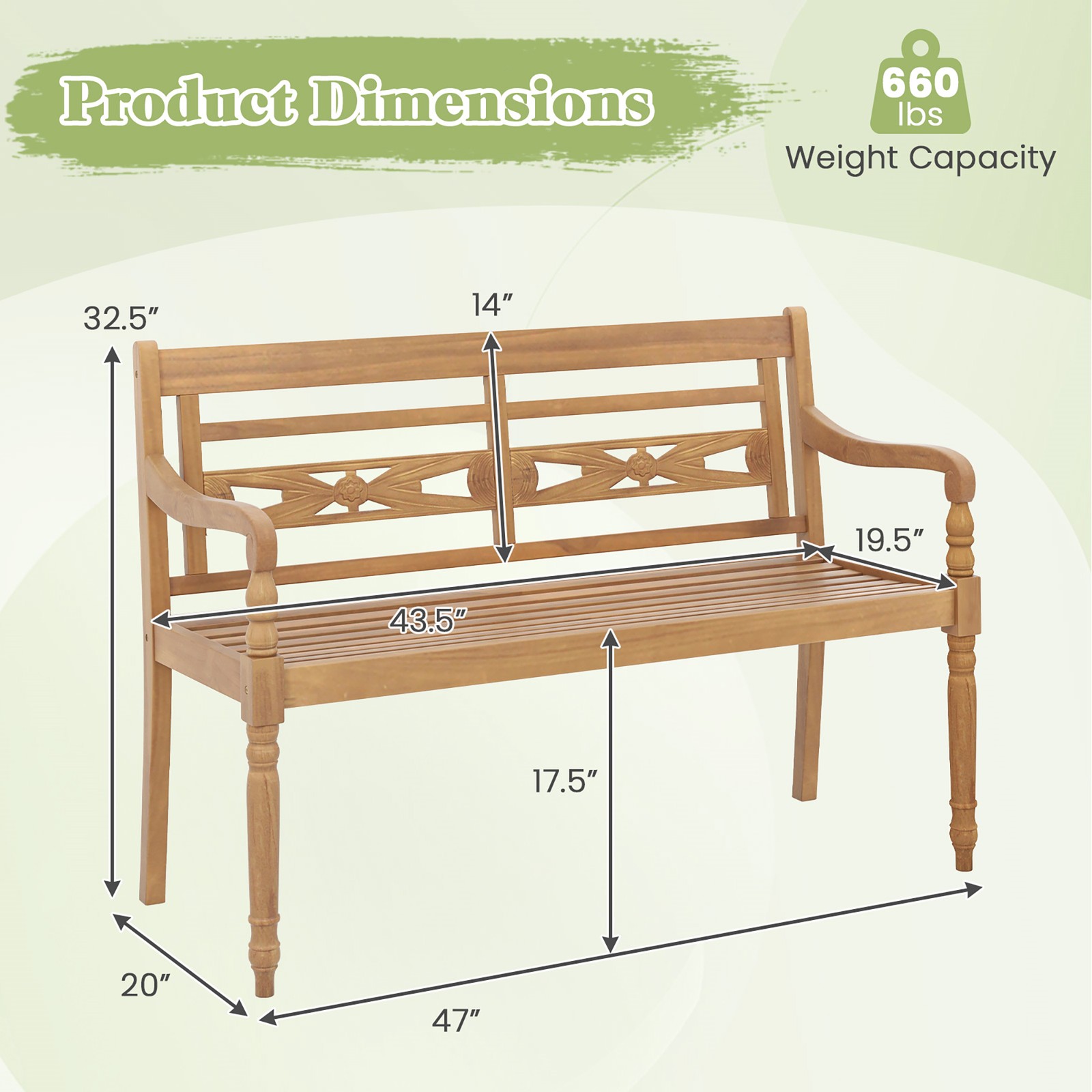 2-Person Garden Bench w/ Wide Backrest & Curved Armrests for Backyard