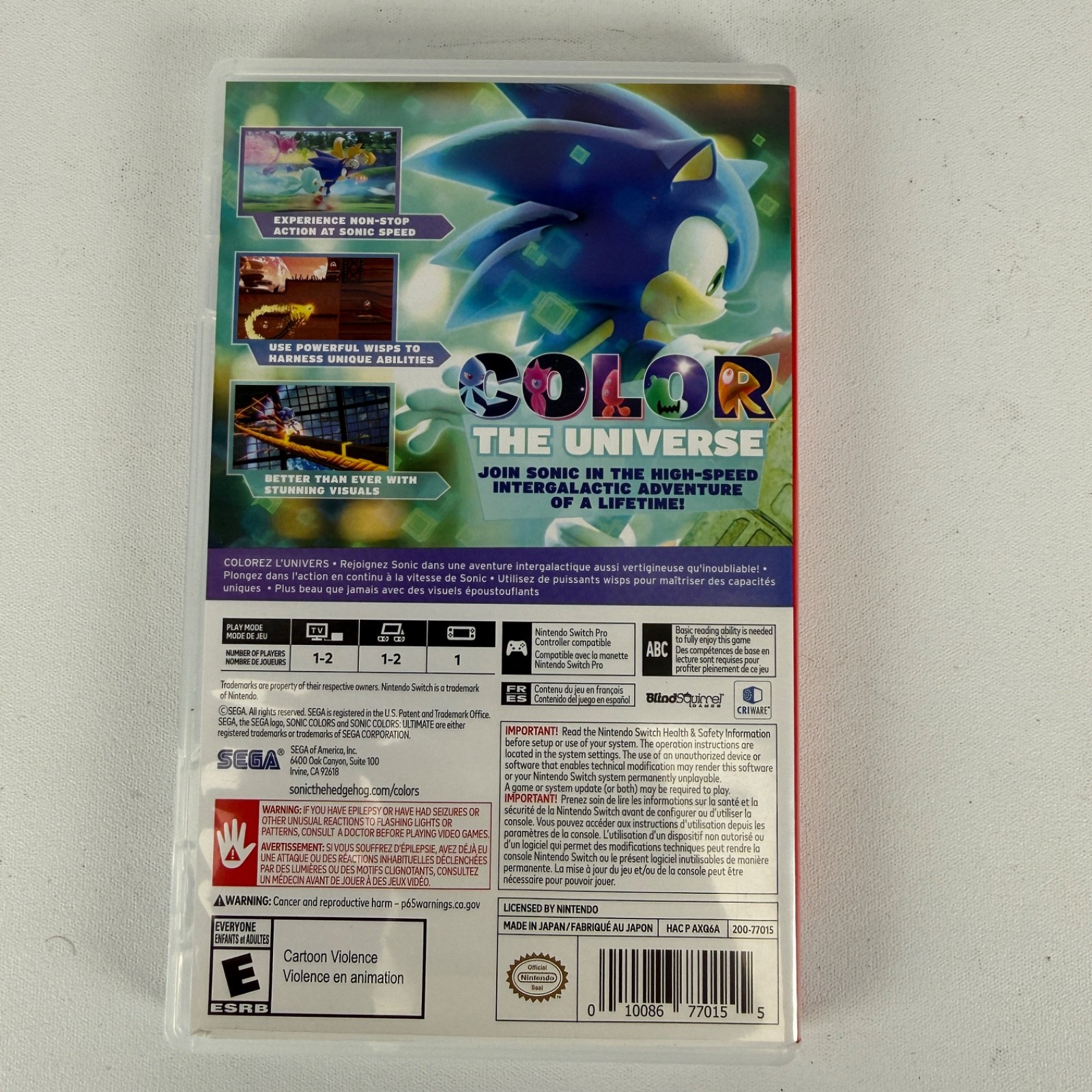 Authentic Replacement Case ONLY - SONIC COLORS ULTIMATE - Nintendo Switch Box