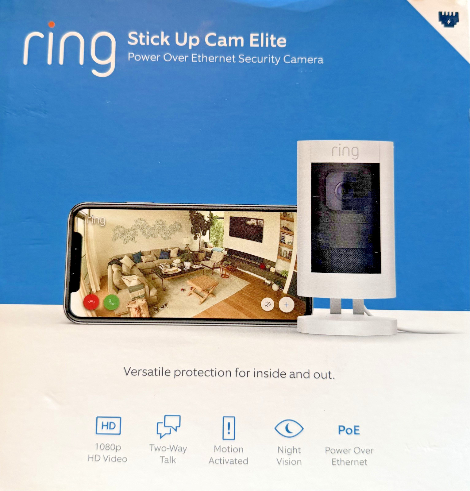 Ring Stick Up Cam Elite, Indoor/Outdoor Security Camera PoE - White