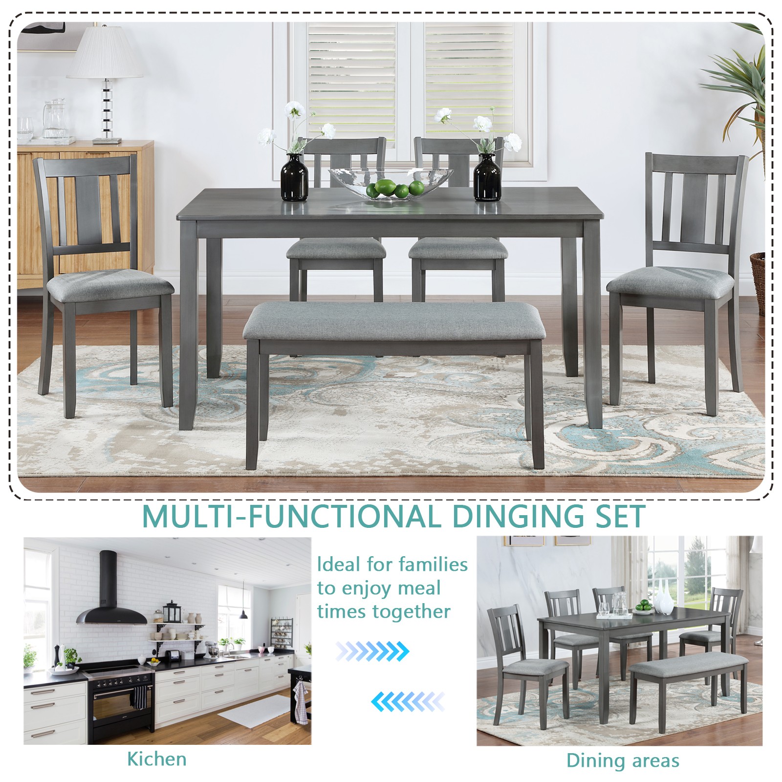 A rectangular dining table, equipped with 4 upholstered chairs and a long bench