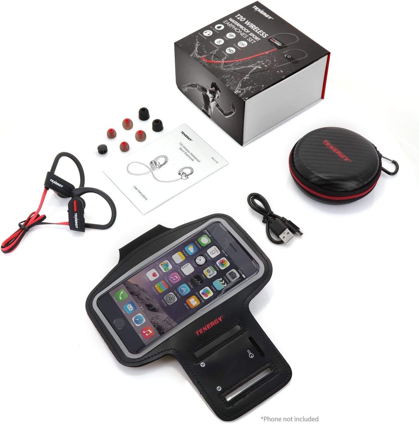 Tenergy T20 Wireless Bluetooth Earphones IPX7 Earbuds Headphone & Bonus Armband