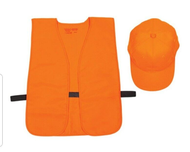 Adult Blaze Orange Hunting Safety Cap and Vest Combo OSFM with Pouch