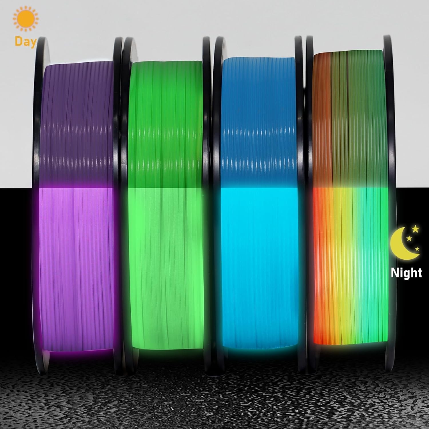 3D Printer Filament Bundle Glow in Dark Multicolor PLA 1.75mm 4 Pack
