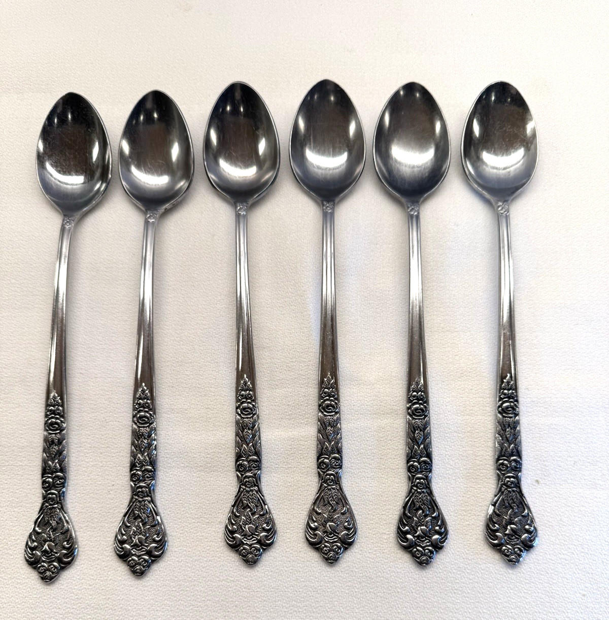 MSI Versailles Stainless Japan Lot of 6 Iced Tea Spoons 7 5/8" Long Handle Rose