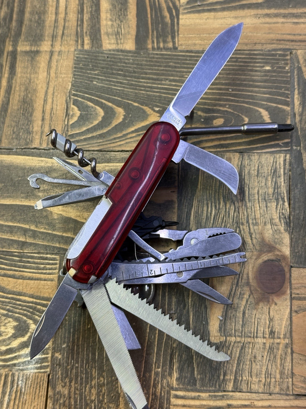 Swisschamp XLT w/ Sheath Used 91mm Ruby Plus Scales All Bits Clean Used