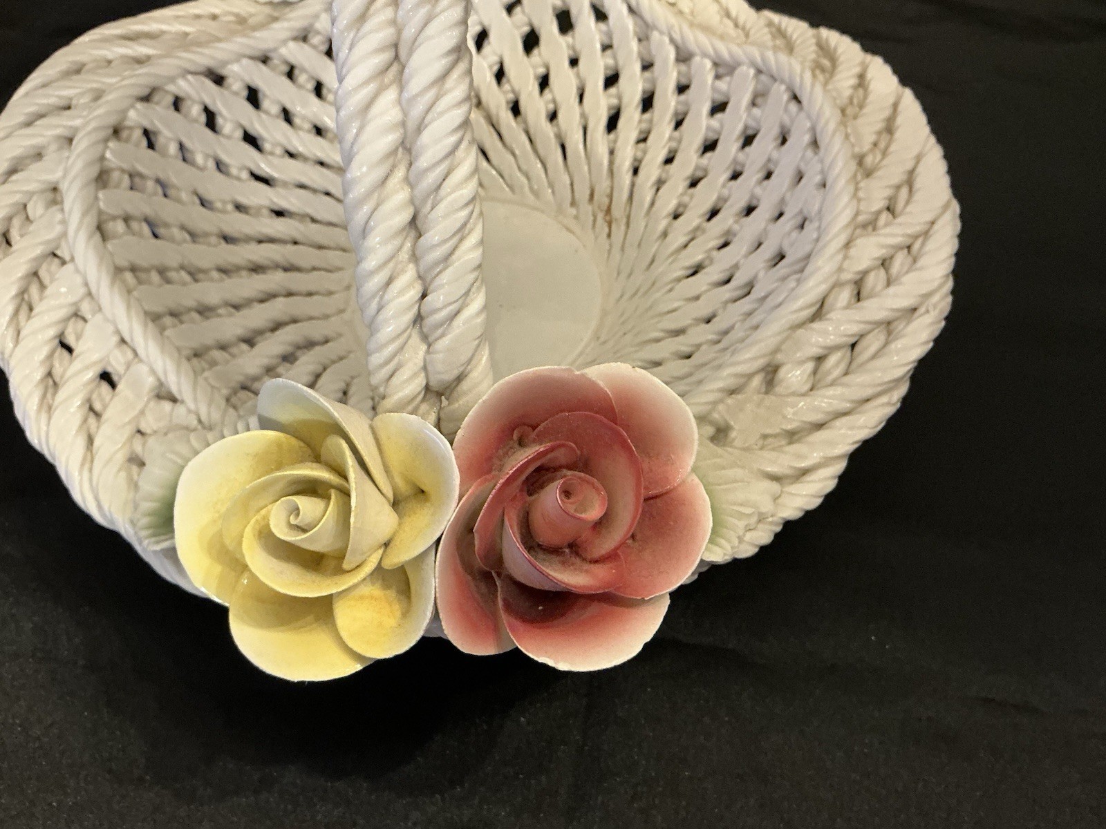 Large 13" Diameter Capodimonte Lattice & Roses Porcelain Basket