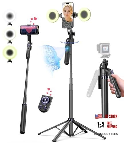 71” Auto Face Tracking Tripod for iPhone with Light,360° Rotating Phone Black
