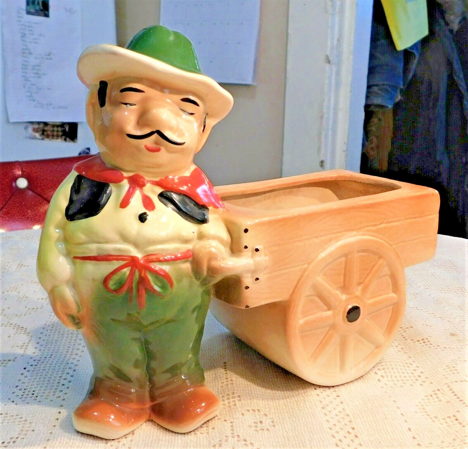 VINTAGE 1950's HAND PAINTED GLAZED PORCELAIN LATINO MAN & CART PLANTER - JAPAN