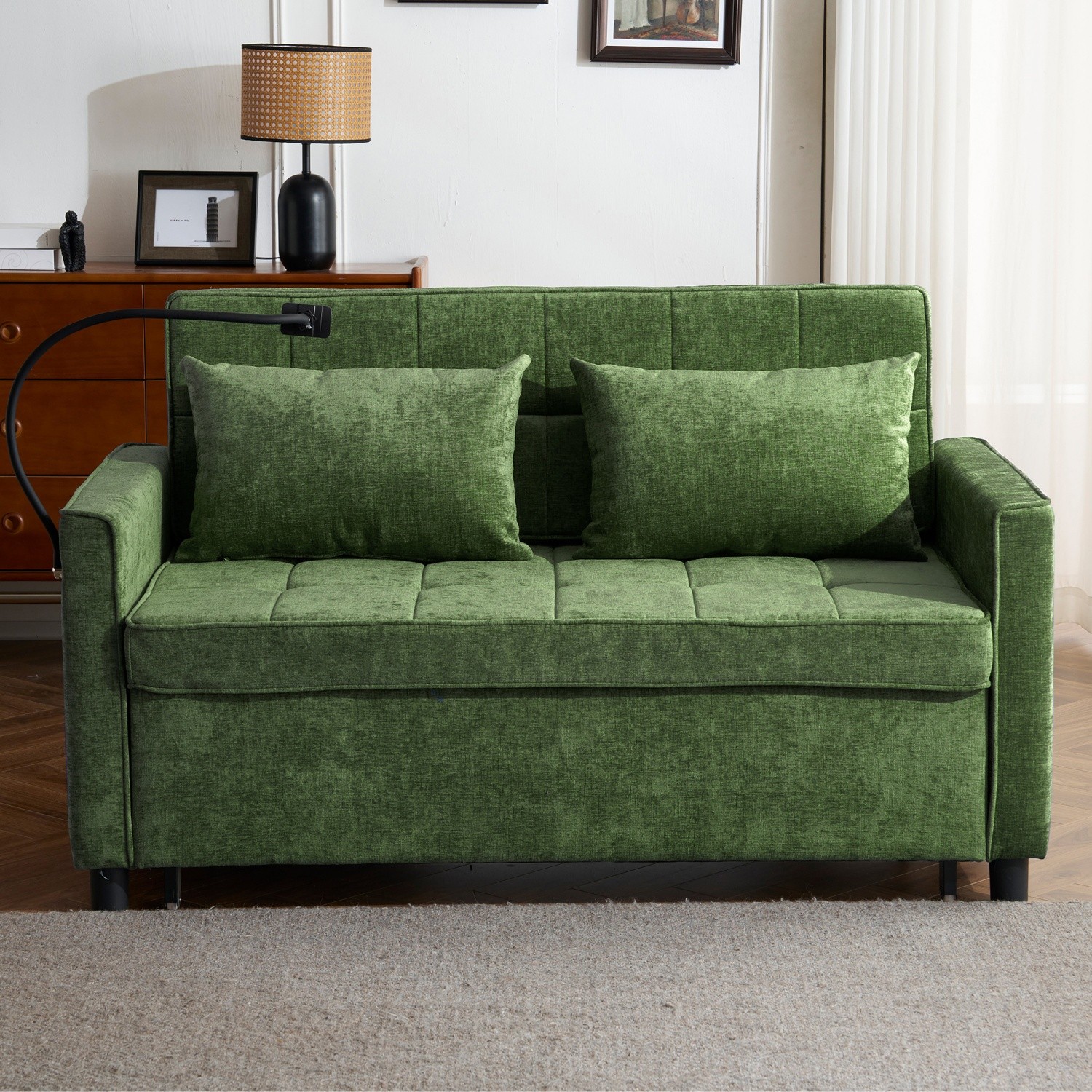 56.9'' Convertible Sleeper Sofa Bed Loveseat Sofa w/ Pull Out Bed & USB Ports
