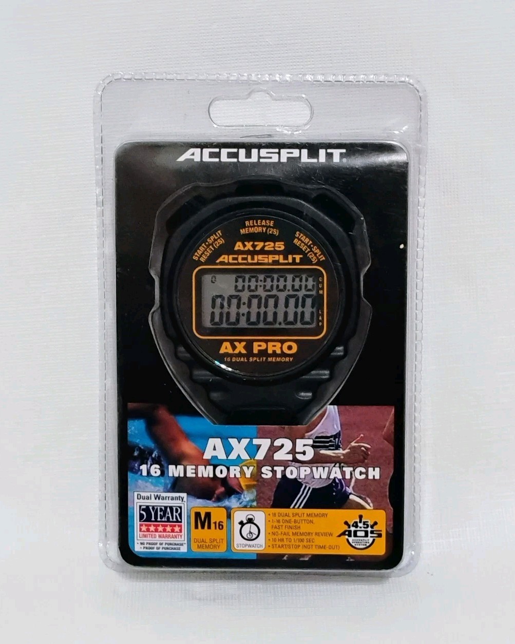 Accusplit AX725 Pro 16 Memory Dual Split Stopwatch Black 2.25" NEW