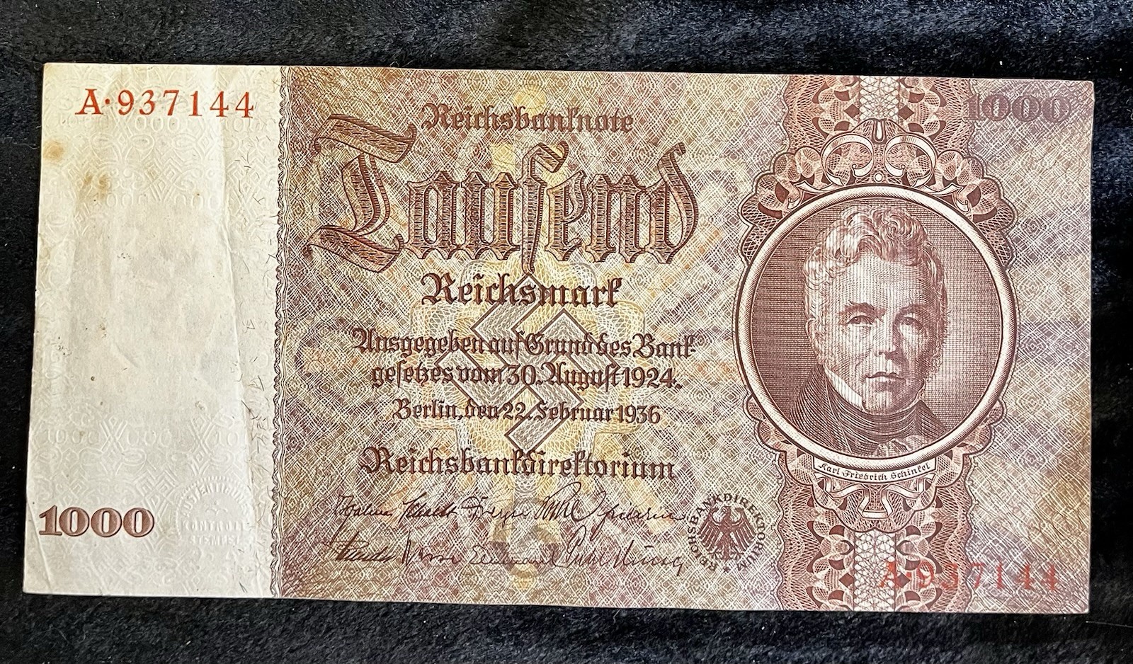1936 Germany 3rd Reich 1000 RM (Reichsmark) banknote UNC