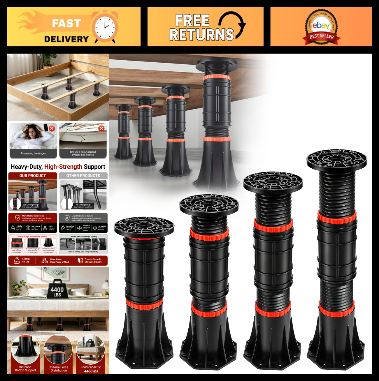 Adjustable Bed Support Legs 8.4-13.5 Inch, Heavy Duty Frame Reinforcement, 4 PCS