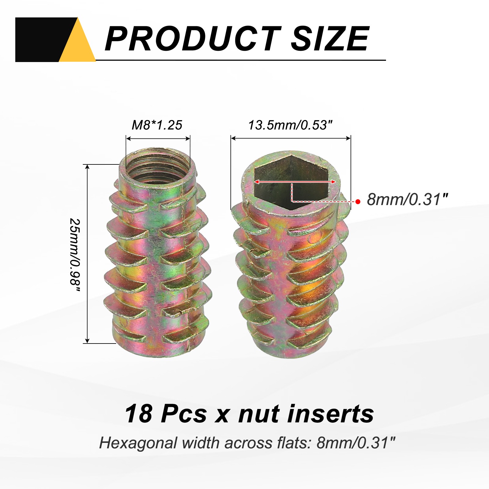 18Pcs Threaded Inserts for Wood, Zinc Alloy M8 Hex-Flush Thread Inserts 25mm