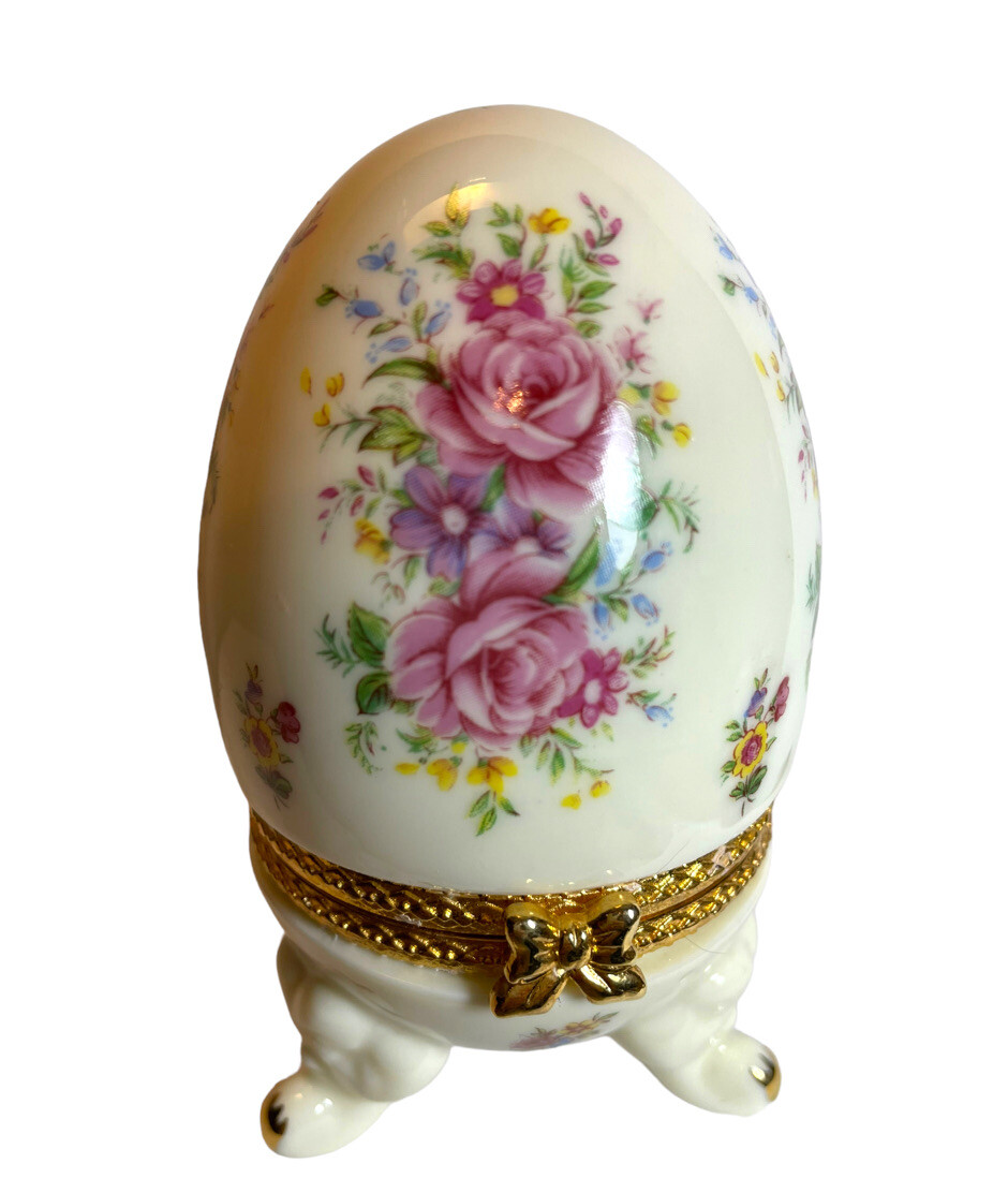 Formalities by Baum Bros Footed Egg Hinged Trinket Box Pink Roses China