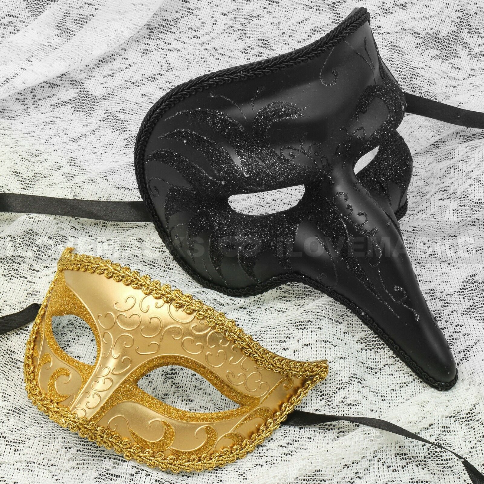 His and Her Masquerade Couple Mask Set Long Nose Venetian Party Masks Black Gold