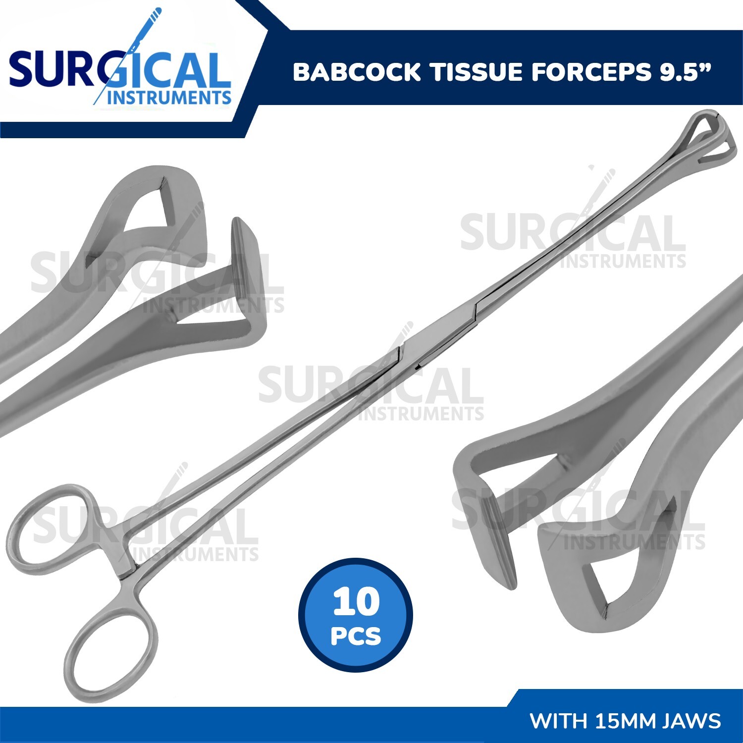 10 Pcs Babcock Tissue Intestinal Forceps 9.5" with 15mm jaws German Grade