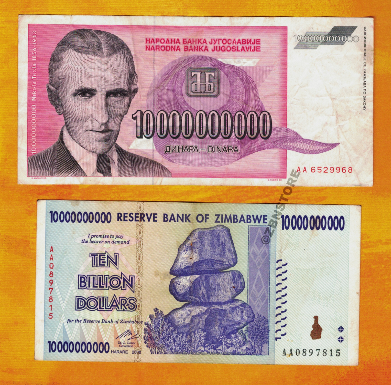 10 Billion Zimbabwe Dollars Bank Note + 10 Billion Yugoslavia Dinar Nikola Tesla
