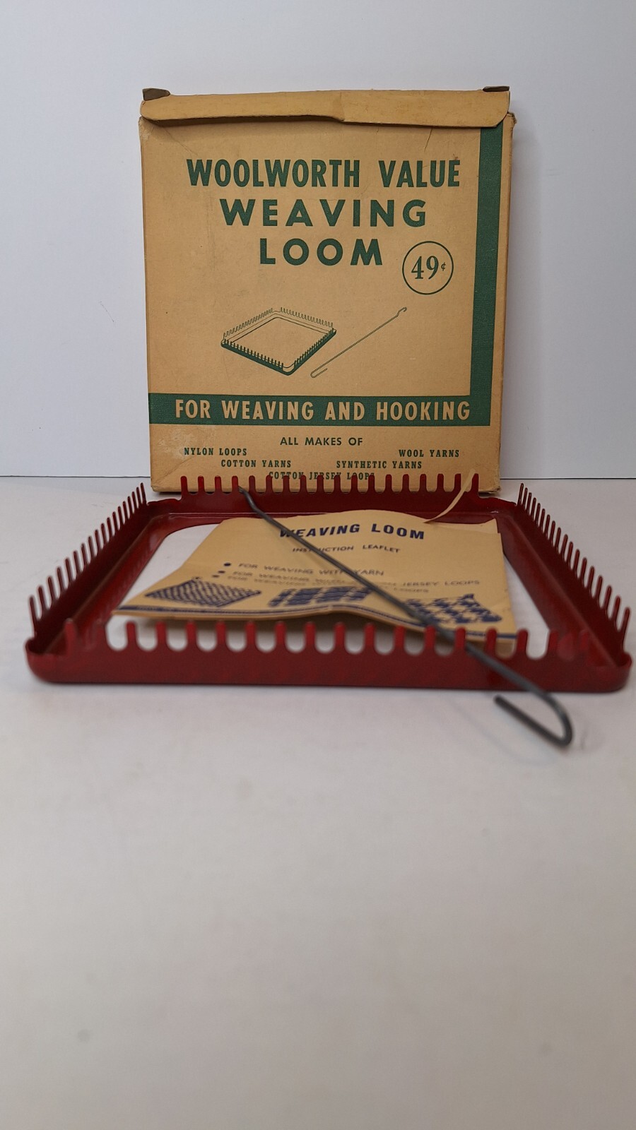 WEAVING LOOM 1940's 1950s Woolworth Value 7" Metal w/ Hook Instructions Box Vtg