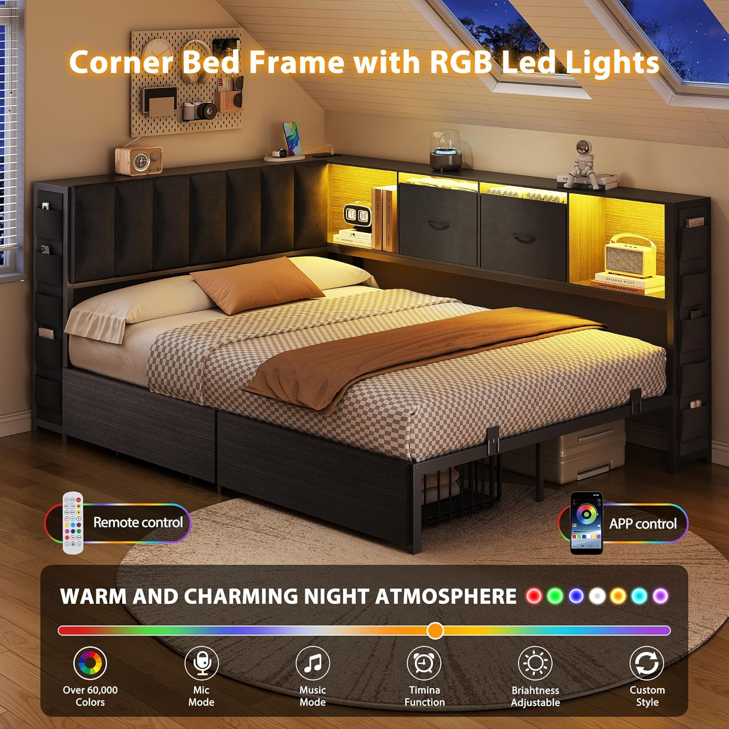 Full Corner Bed Frame with Upholstered Storage Headboard and Drawers, Metal Plat