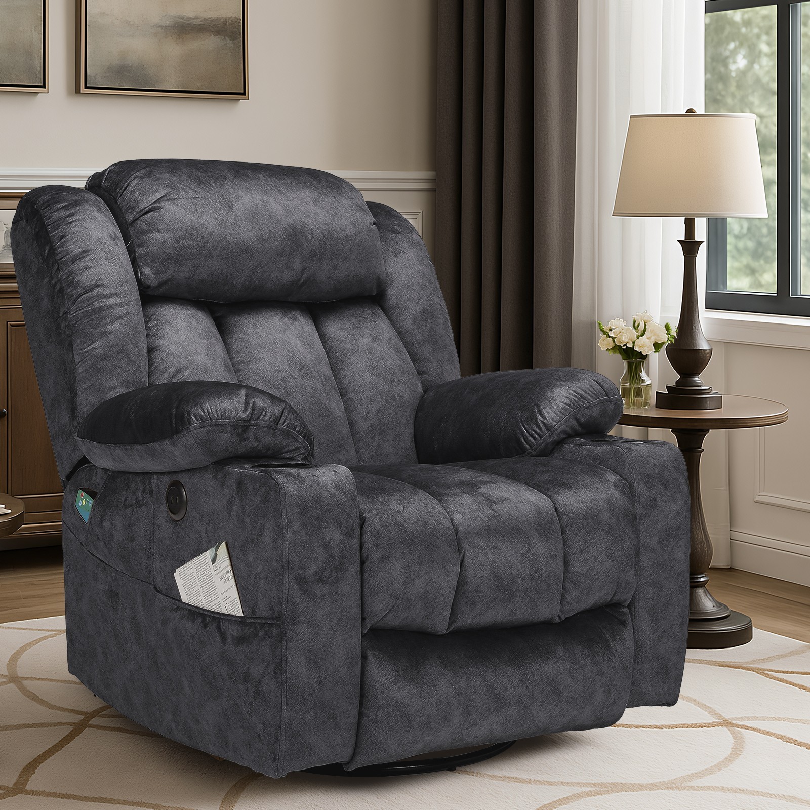 Manual Swivel Rocker Recliner Glider Chair Lounge Sofa w/ Massage Heat USB Ports
