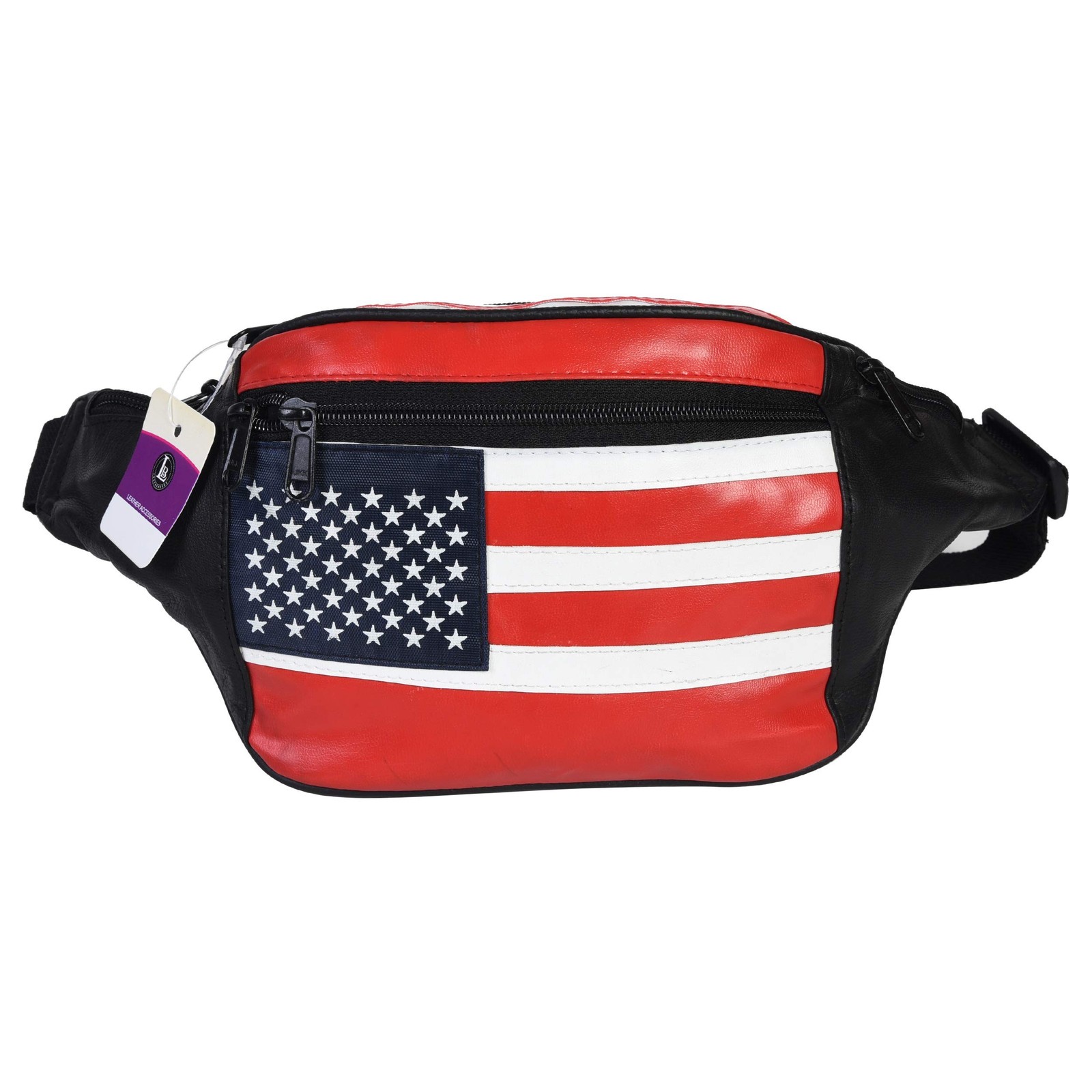Genuine Leather USA Flag Fanny Pack, Stars & Stripes Waist Bag or Belt Bag. G...