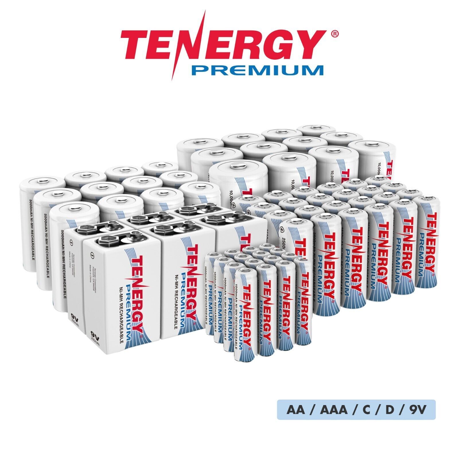 Tenergy PREMIUM High Capacity AA AAA C D 9V NiMH Rechargeable Batteries Lot