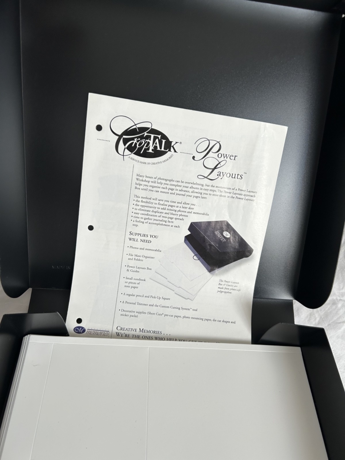 CREATIVE MEMORIES Crop Talk Power Layout Guides for SCRAPBOOK Black Storage Box