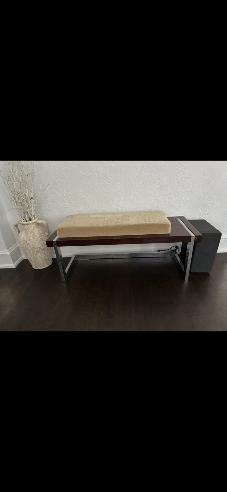 Modern Metal & Wood Bench with Beige Cushion for Entryway, Living Room, Bedroom