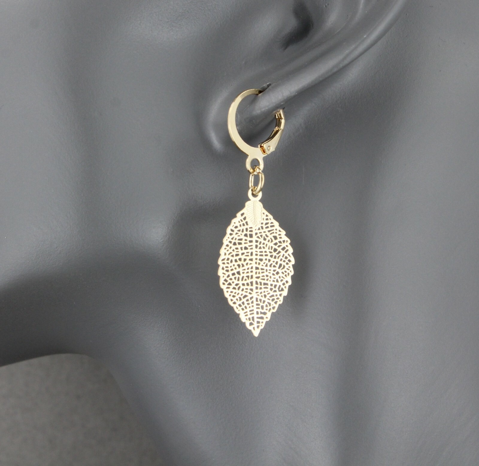gold leaf earrings small filigree leaves dangle 1.75" long leverback lightweight