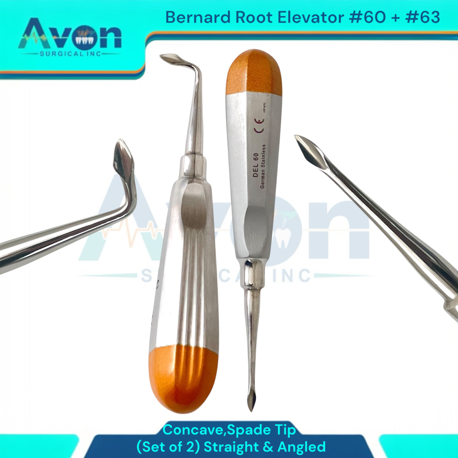 Spade Tip Bernard Root Elevator Pick, #60 Str + #63 Angled, Hollow Handle - 2PK