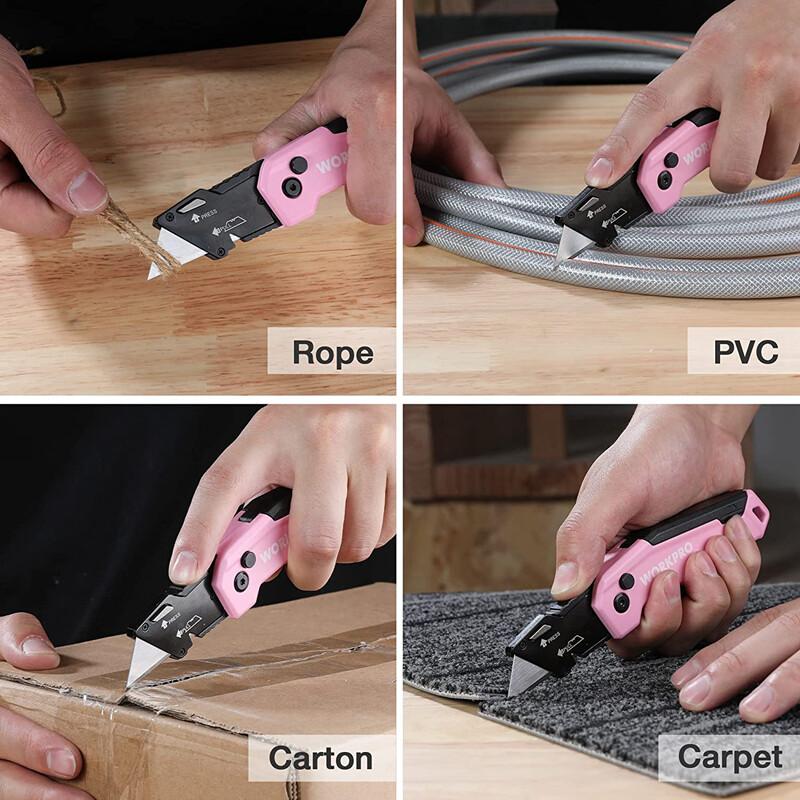 WORKPRO Folding Utility Knife Quick Change Box Cutter w/13PC Blade Red/Blue/Pink