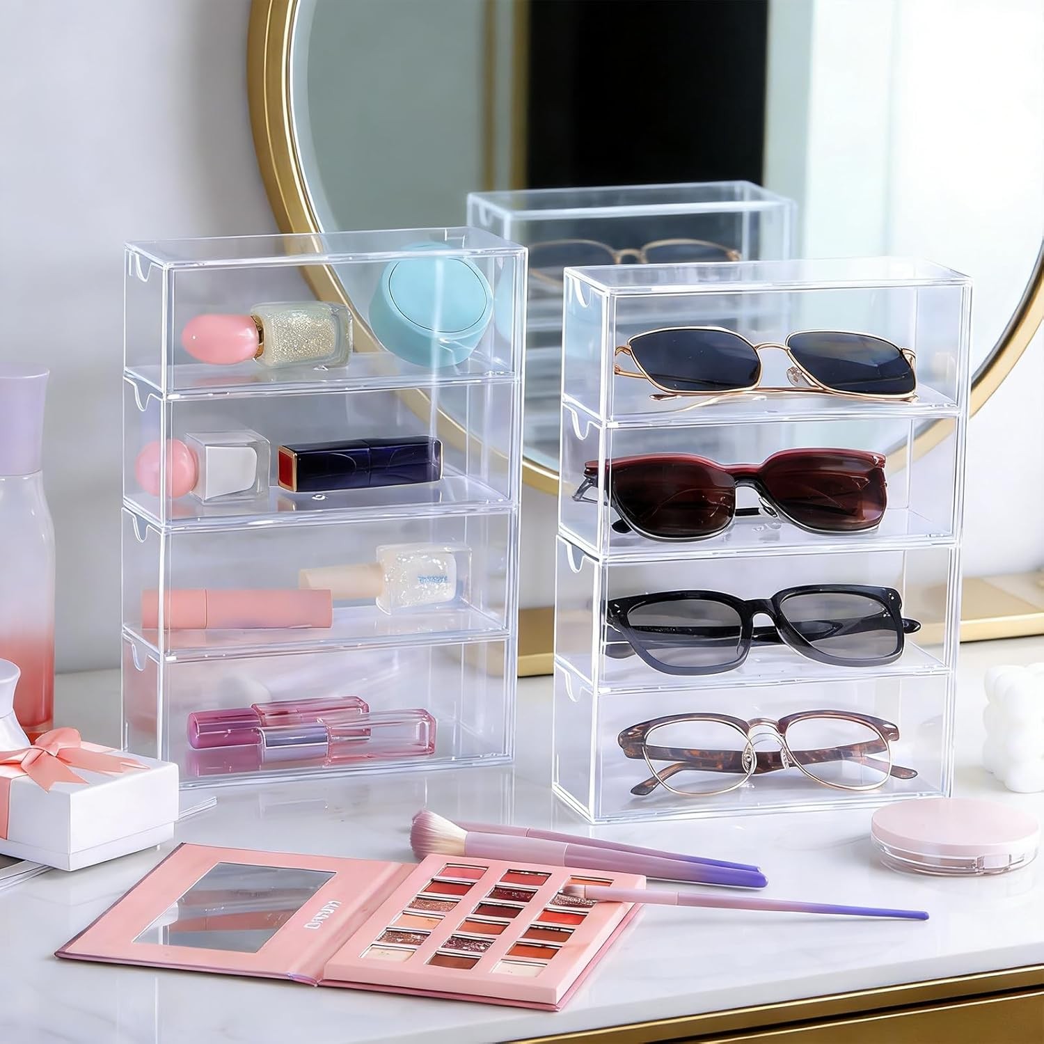 2PCS Clear Acrylic Sunglasses Organizer Plastic Stackable Eyeglass Case Storage
