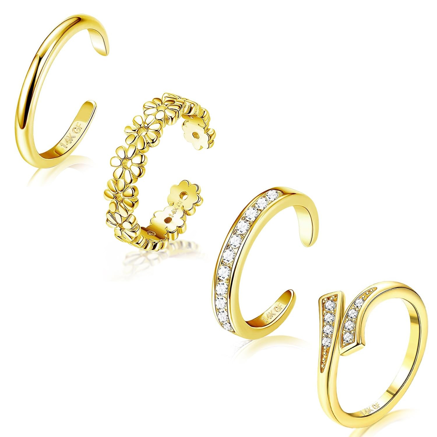 mynakaz 4PCS 14K Gold Filled Toe Rings for Women Adjustable Adjustable,