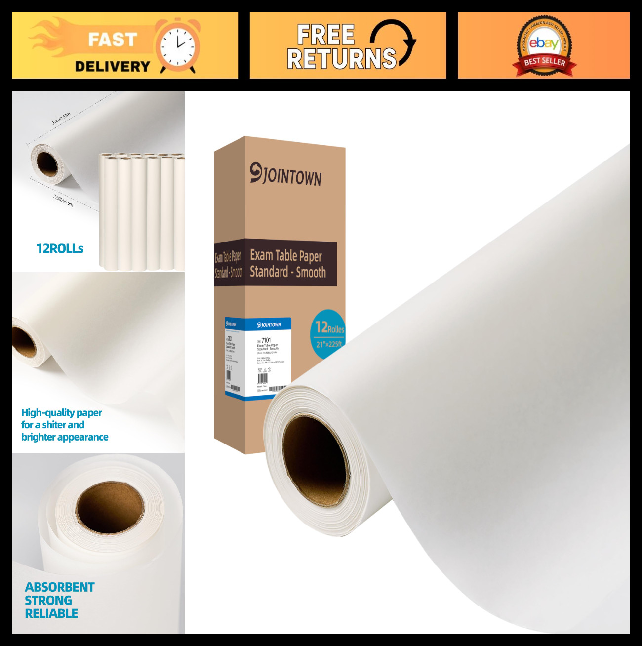 21" x 225ft Medical Exam Table Paper - Hygienic, Disposable, Smooth White - 12 R