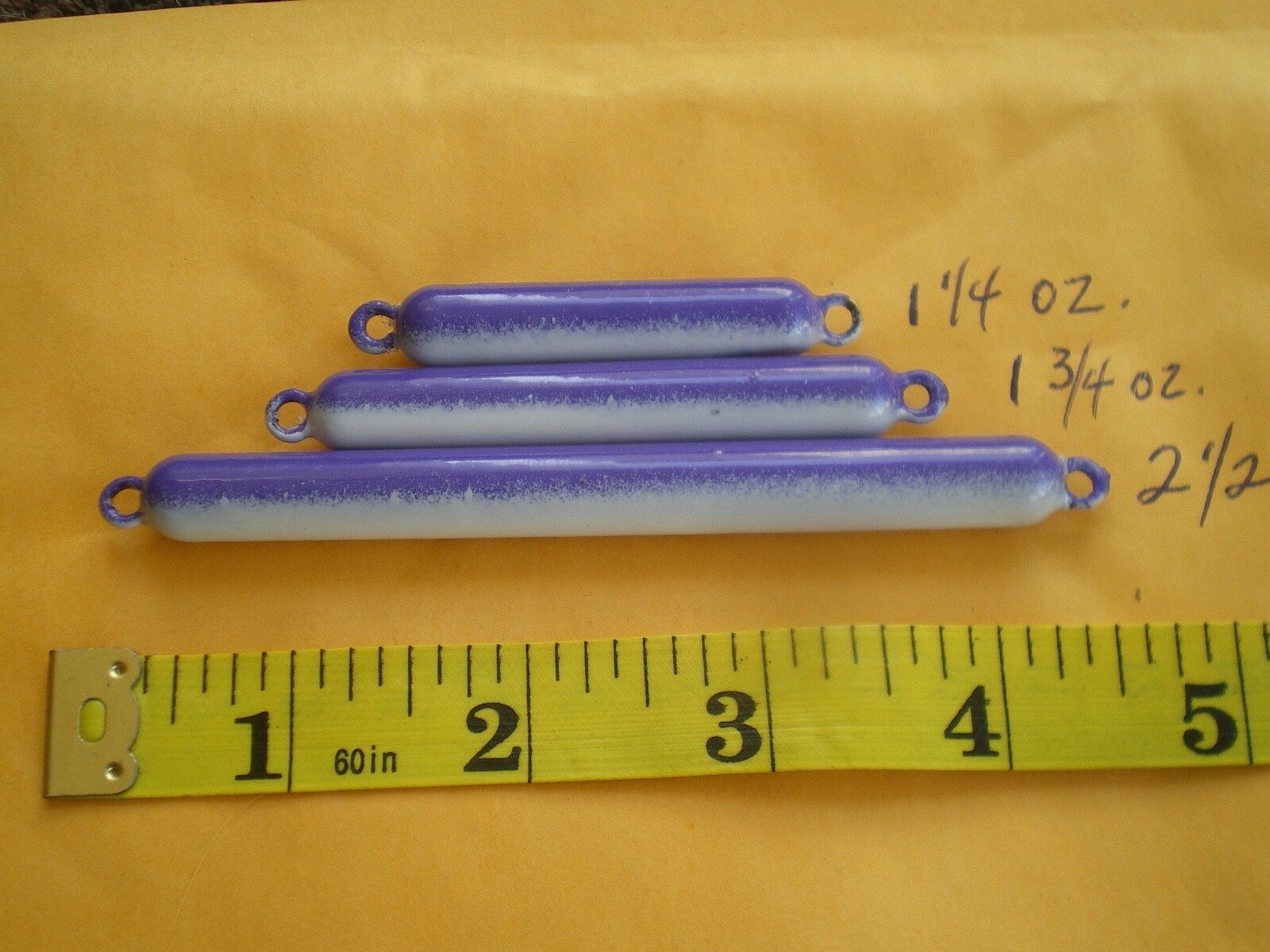 15 PCS. PENCIL SINKER 1-1/4, 1-3/4, 2-1/2 OZ. 5 EACH, PURPLE/WHITE