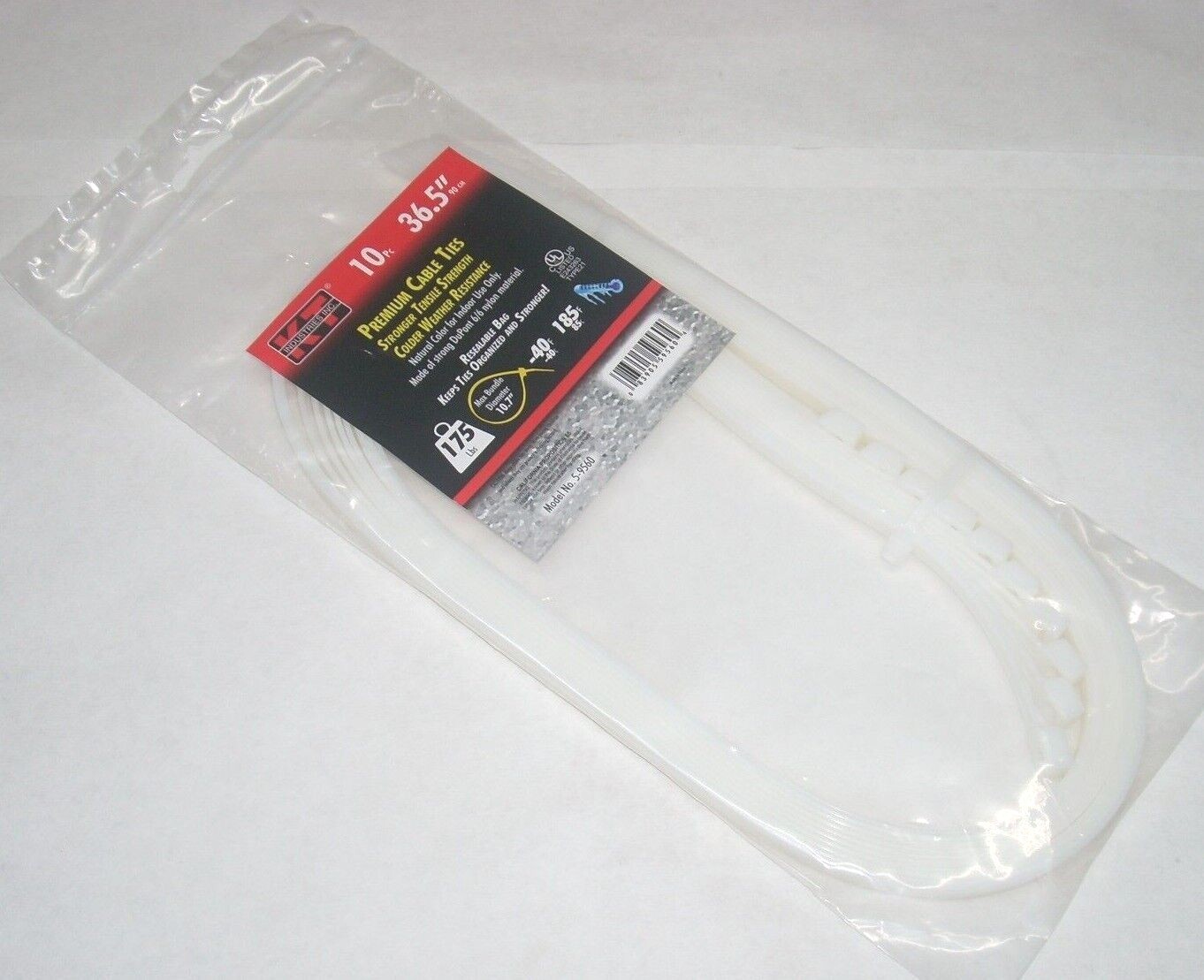 KT Industries 5-9560 Premium White Cable Ties 36.5" Long 175 lb Cap 10 pk
