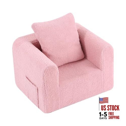 Kids Sofa with Pillow, Cozy Toddler Chair Soft Foam Seat for Sherpa Pink
