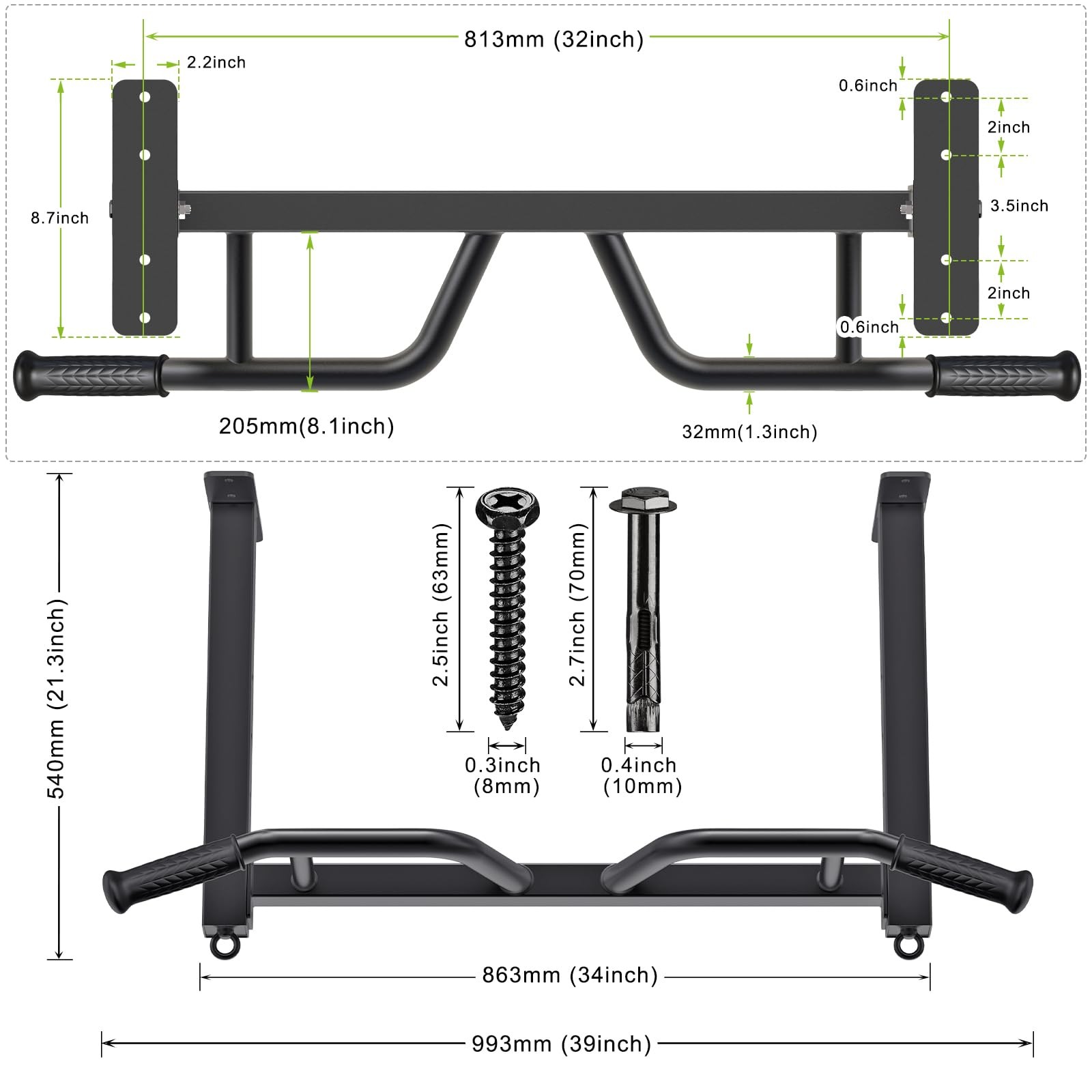 32 Ceiling Mounted Pull Up Bar - Heavy Duty, Highly Adjustable, Multifunctional