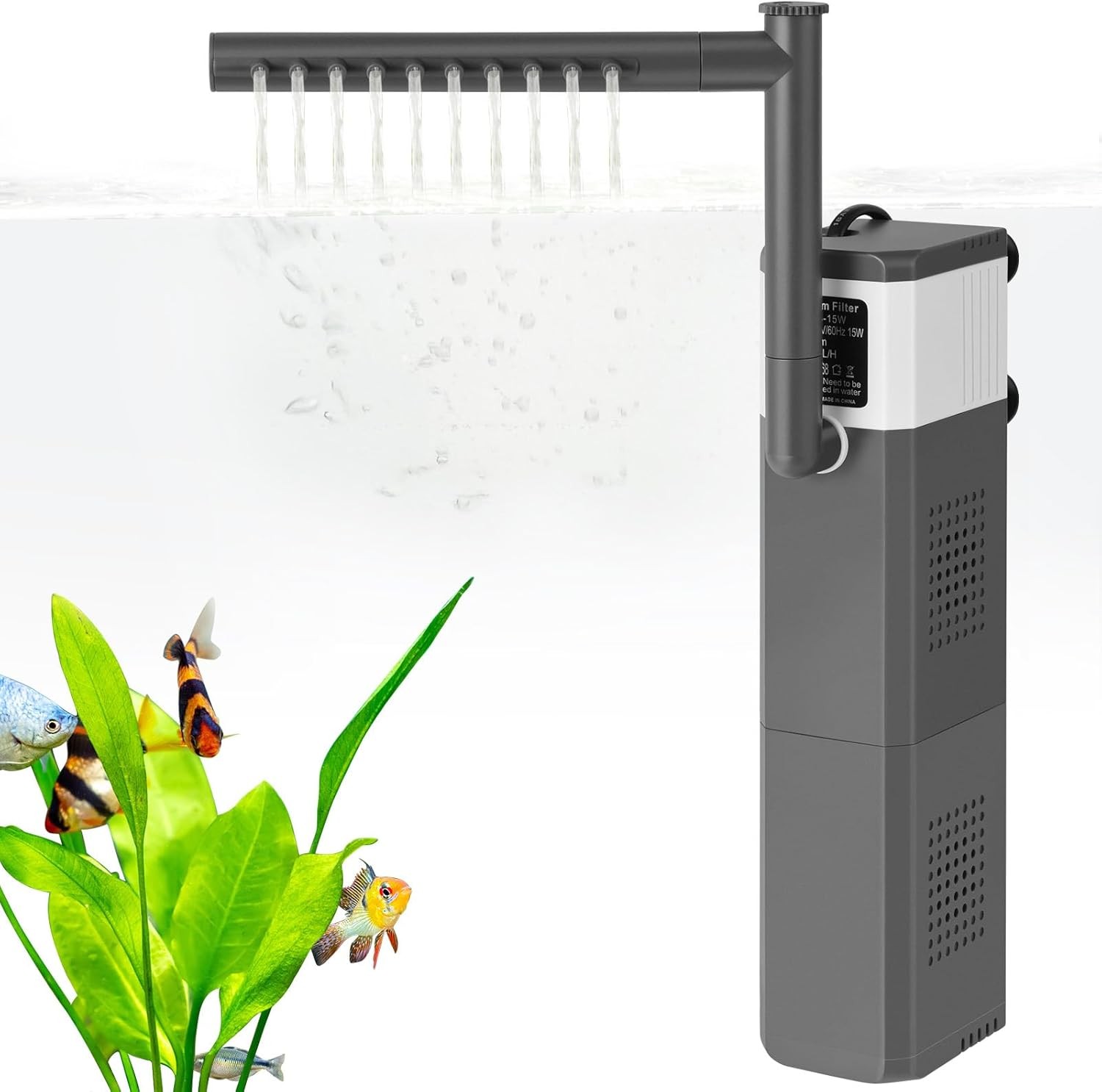 15W 210GPH Ultra Powerful Aquarium Filter for 15-40Gallon Fish Gray/White