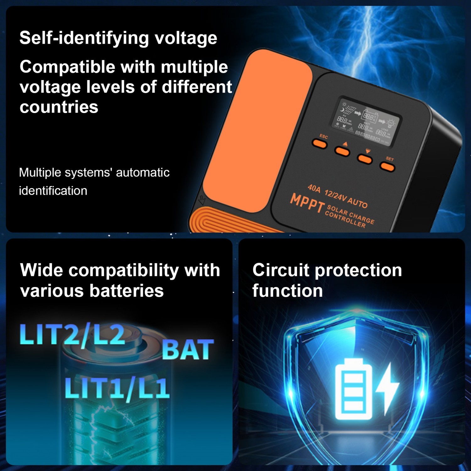 2pcs 40A 12V/24V Solar Charge Controller MPPT with LCD&USB for Off-Grid System