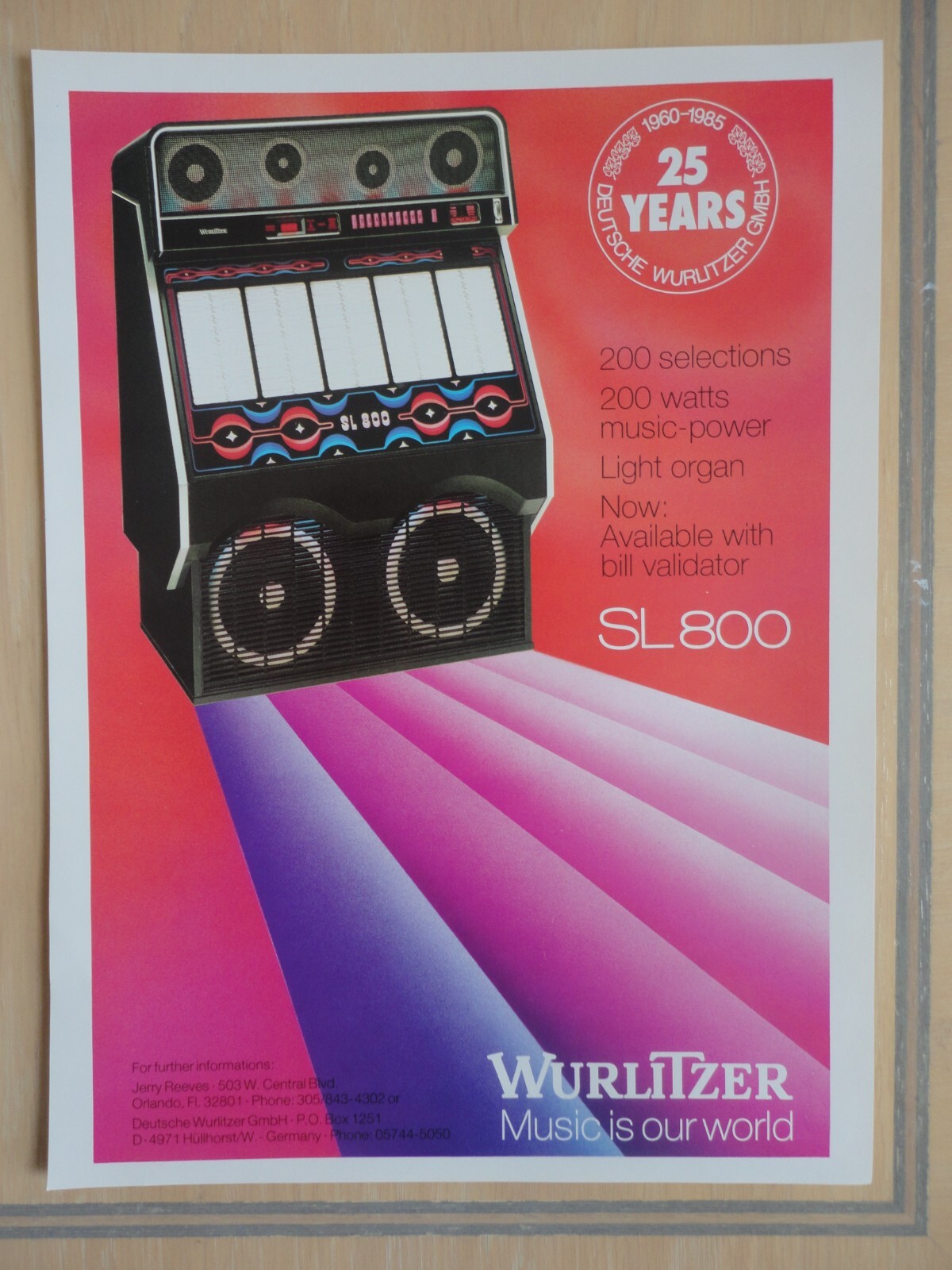Wurlitzer SL800 Jukebox Flyer Original Magazine Pull Out Ad