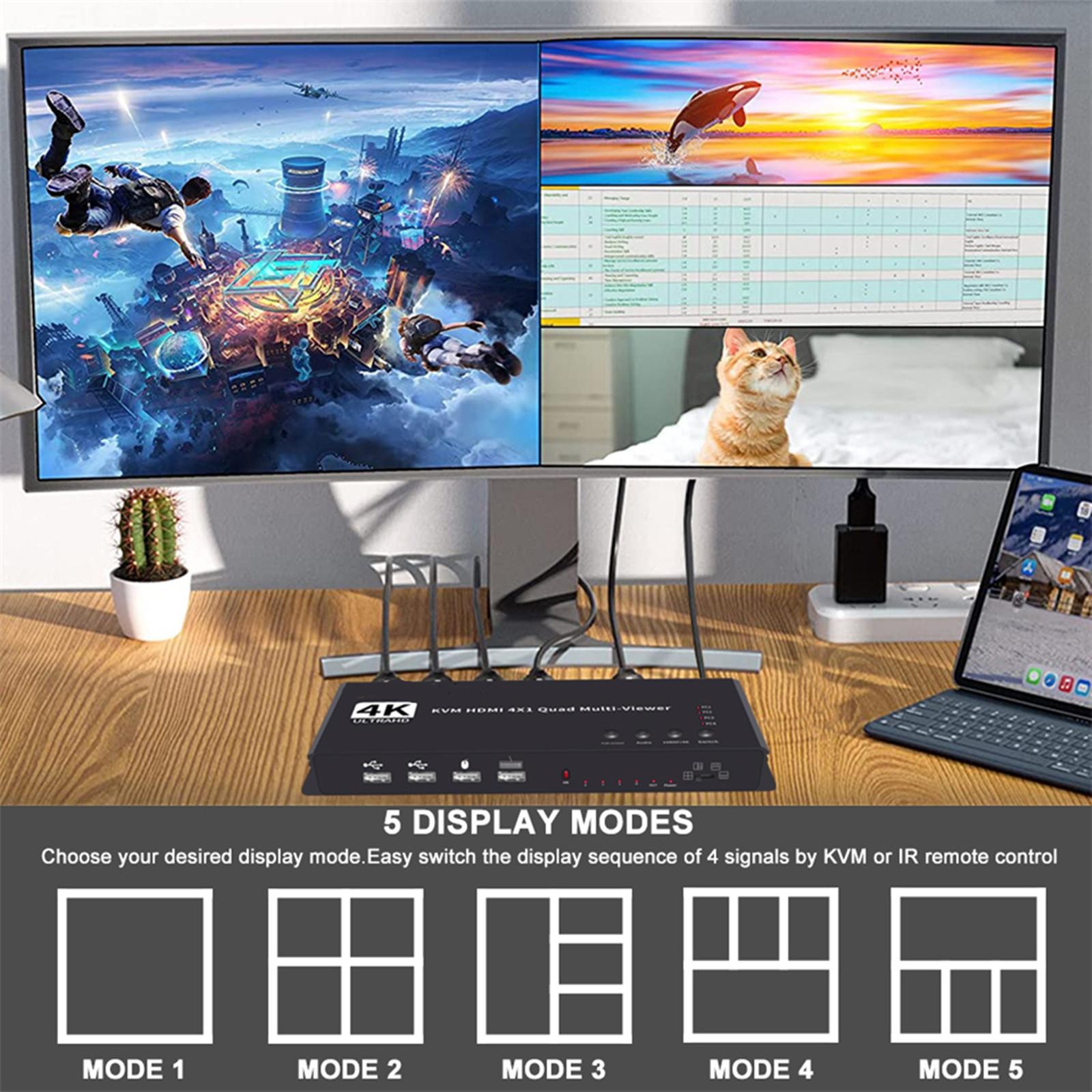 Hotkey 4K 4x1 KVM HDMI Quad Multi-Viewer Display Switch Vedio Wall Controller t