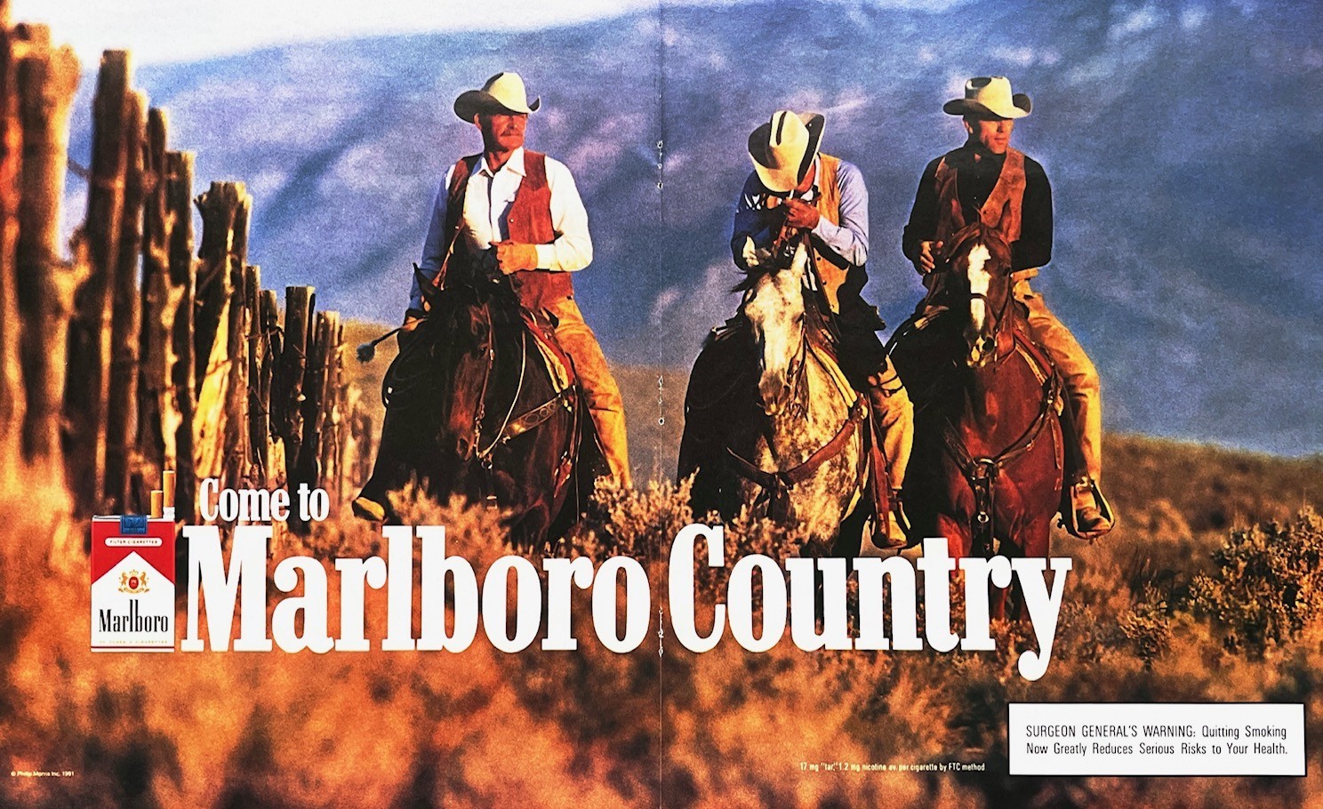 1991 MARLBORO Genuine Vintage 2-PAGE Print Ad Cigarettes Cowboys on Horses